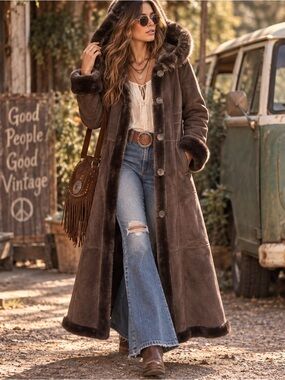BGSD Women’s L Brown Faux Suede Faux Fur Hooded Long Maxi Coat Winter Y2K
